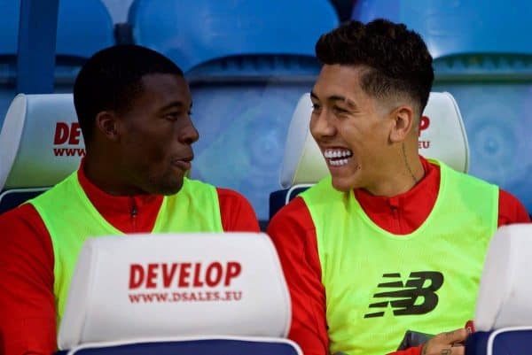 HUDDERSFIELD, ENGLAND - Saturday, October 20, 2018: Liverpool's substitutes Georginio Wijnaldum and Roberto Firmino during the FA Premier League match between Huddersfield Town FC and Liverpool FC at Kirklees Stadium. (Pic by David Rawcliffe/Propaganda)