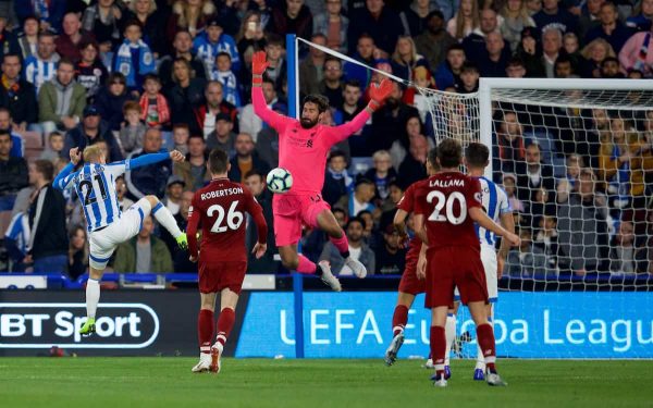 HUDDERSFIELD, ENGLAND - Saturday, October 20, 2018: Huddersfield Town's Alex Pritchard scores a goal but it was disallowed for offside during the FA Premier League match between Huddersfield Town FC and Liverpool FC at Kirklees Stadium. (Pic by David Rawcliffe/Propaganda)