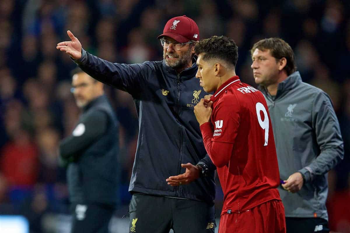 HUDDERSFIELD, ENGLAND - Saturday, October 20, 2018: Liverpool's manager Jürgen Klopp prepares to bring on substitute Roberto Firmino during the FA Premier League match between Huddersfield Town FC and Liverpool FC at Kirklees Stadium. (Pic by David Rawcliffe/Propaganda)