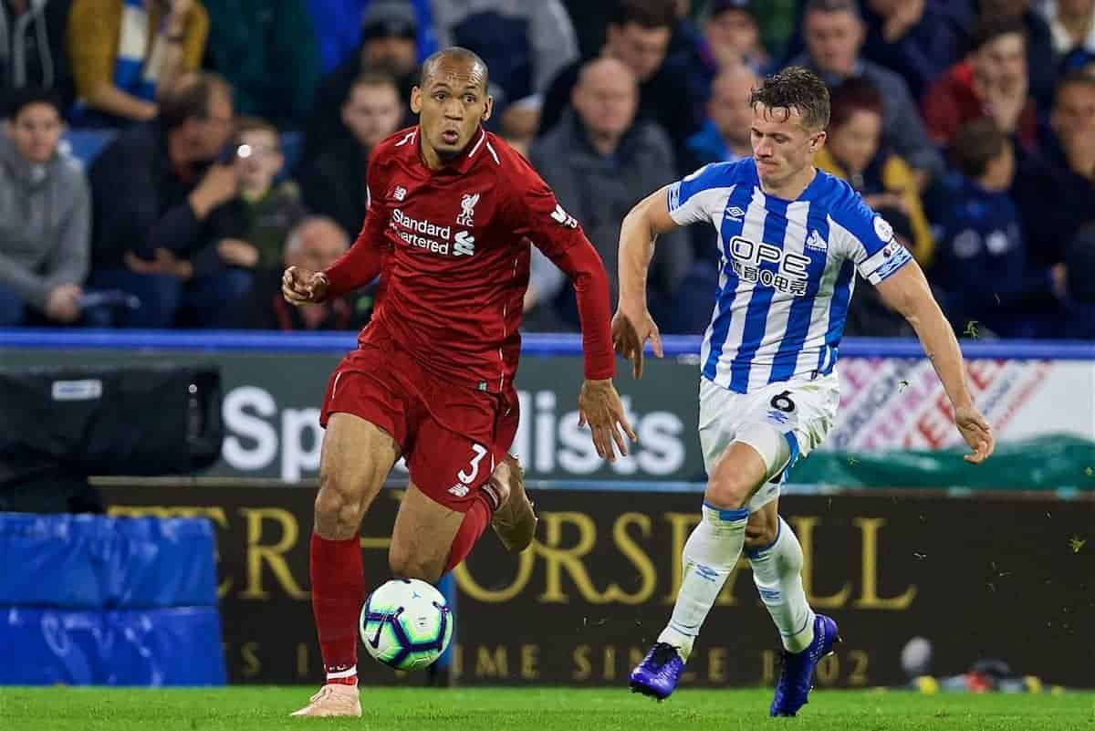 HUDDERSFIELD, ENGLAND - Saturday, October 20, 2018: Liverpool's Fabio Henrique Tavares 'Fabinho' (left) and Huddersfield Town's Jonathan Hogg during the FA Premier League match between Huddersfield Town FC and Liverpool FC at Kirklees Stadium. (Pic by David Rawcliffe/Propaganda)