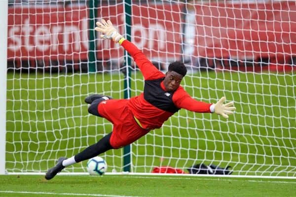 KIRKBY, ENGLAND - Sunday, October 21, 2018: Liverpool's substitute goalkeeper Kai Mckenzie-Lyle during the pre-match warm-up before the Under-23 FA Premier League 2 Division 1 match between Liverpool FC and Derby County at The Kirkby Academy. (Pic by David Rawcliffe/Propaganda)