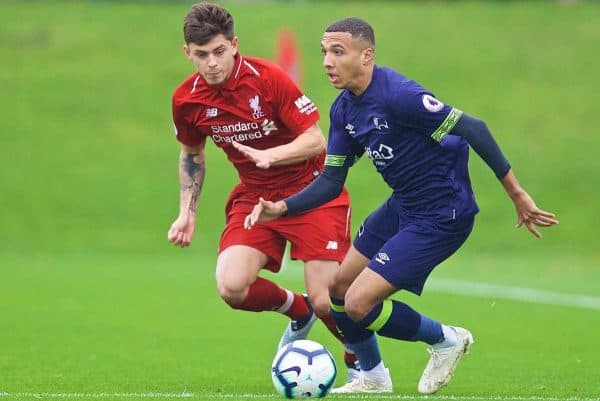 KIRKBY, ENGLAND - Sunday, October 21, 2018: Liverpool's Adam Lewis (L) and Derby County's Jayden Mitchell-Lawson during the Under-23 FA Premier League 2 Division 1 match between Liverpool FC and Derby County at The Kirkby Academy. (Pic by David Rawcliffe/Propaganda)