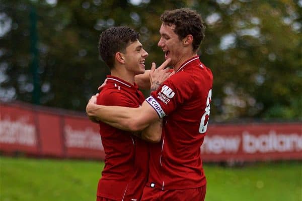 KIRKBY, ENGLAND - Sunday, October 21, 2018: Liverpool's captain Matty Virtue (R) celebrates scoring the first goal with team-mate Adam Lewis (L) during the Under-23 FA Premier League 2 Division 1 match between Liverpool FC and Derby County at The Kirkby Academy. (Pic by David Rawcliffe/Propaganda)