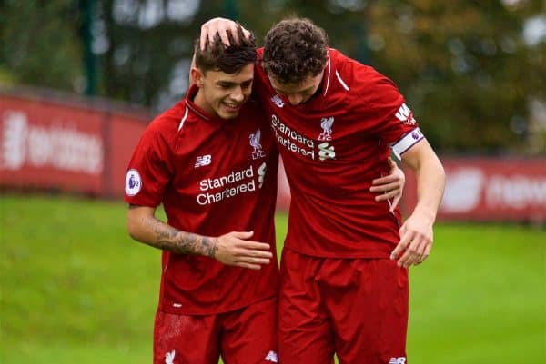 KIRKBY, ENGLAND - Sunday, October 21, 2018: Liverpool's captain Matty Virtue (R) celebrates scoring the first goal with team-mate Adam Lewis (L) during the Under-23 FA Premier League 2 Division 1 match between Liverpool FC and Derby County at The Kirkby Academy. (Pic by David Rawcliffe/Propaganda)