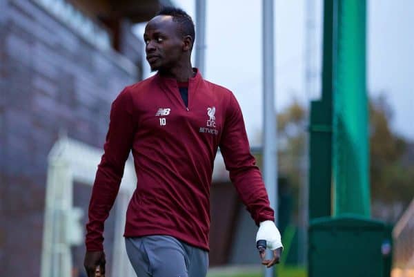 LIVERPOOL, ENGLAND - Tuesday, October 23, 2018: Liverpool's Sadio Mane, with his hand-bandaged after an operation on his thumb, during a training session at Melwood Training Ground ahead of the UEFA Champions League Group C match between Liverpool FC and FK Crvena zvezda (Red Star Belgrade). (Pic by David Rawcliffe/Propaganda)