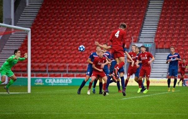 ST HELENS, ENGLAND - Wednesday, October 24, 2018: Liverpool's Rhys Williams scores the second goal during the UEFA Youth League Group C match between Liverpool FC and FK Crvena zvezda at Langtree Park. (Pic by David Rawcliffe/Propaganda)