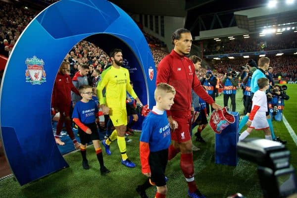 LIVERPOOL, ENGLAND - Wednesday, October 24, 2018: Liverpool's captain Virgil van Dijk leads his team out before the UEFA Champions League Group C match between Liverpool FC and FK Crvena zvezda (Red Star Belgrade) at Anfield. (Pic by David Rawcliffe/Propaganda)