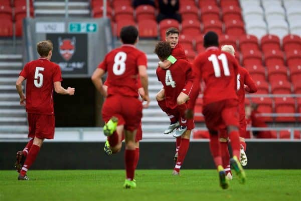 ST HELENS, ENGLAND - Wednesday, October 24, 2018: Liverpool's Rhys Williams celebrates scoring the second goal with team-mate captain Adam Lewis during the UEFA Youth League Group C match between Liverpool FC and FK Crvena zvezda at Langtree Park. (Pic by David Rawcliffe/Propaganda)