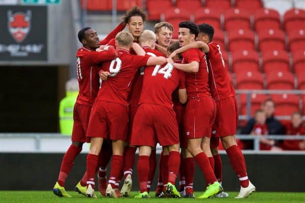 ST HELENS, ENGLAND - Wednesday, October 24, 2018: Liverpool's Rhys Williams (3rd from left) celebrates scoring the second goal with team-mates during the UEFA Youth League Group C match between Liverpool FC and FK Crvena zvezda at Langtree Park. (Pic by David Rawcliffe/Propaganda)