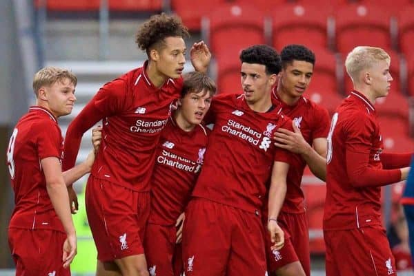 ST HELENS, ENGLAND - Wednesday, October 24, 2018: Liverpool's Rhys Williams (3rd from left) celebrates scoring the second goal with team-mates during the UEFA Youth League Group C match between Liverpool FC and FK Crvena zvezda at Langtree Park. (Pic by David Rawcliffe/Propaganda)