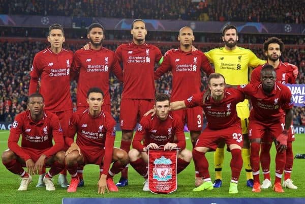 LIVERPOOL, ENGLAND - Wednesday, October 24, 2018: Liverpool's players line-up for a team group photograph before the UEFA Champions League Group C match between Liverpool FC and FK Crvena zvezda (Red Star Belgrade) at Anfield. Back row L-R: Roberto Firmino, Joe Gomez, captain Virgil van Dijk, Fabio Henrique Tavares 'Fabinho', goalkeeper Alisson Becker, Mohamed Salah. Front row L-R: Georginio Wijnaldum, Trent Alexander-Arnold, Andy Robertson, Xherdan Shaqiri, Sadio Mane. (Pic by David Rawcliffe/Propaganda)