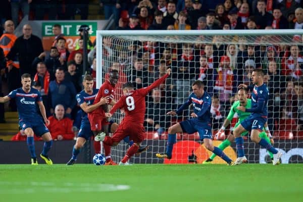 LIVERPOOL, ENGLAND - Wednesday, October 24, 2018: Liverpool's Roberto Firmino scores the first goal during the UEFA Champions League Group C match between Liverpool FC and FK Crvena zvezda (Red Star Belgrade) at Anfield. (Pic by David Rawcliffe/Propaganda)