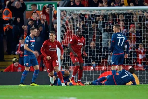 LIVERPOOL, ENGLAND - Wednesday, October 24, 2018: Liverpool's Roberto Firmino celebrates scoring the first goal during the UEFA Champions League Group C match between Liverpool FC and FK Crvena zvezda (Red Star Belgrade) at Anfield. (Pic by David Rawcliffe/Propaganda)