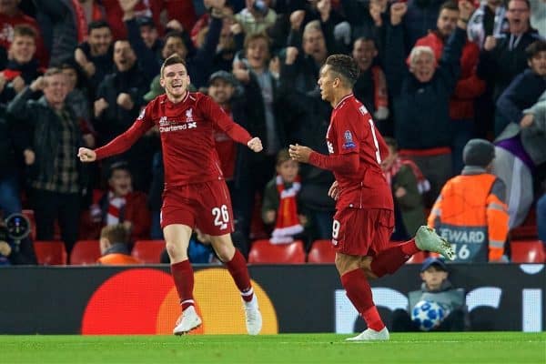 LIVERPOOL, ENGLAND - Wednesday, October 24, 2018: Liverpool's Roberto Firmino celebrates scoring the first goal with team-mate Andy Robertson during the UEFA Champions League Group C match between Liverpool FC and FK Crvena zvezda (Red Star Belgrade) at Anfield. (Pic by David Rawcliffe/Propaganda)