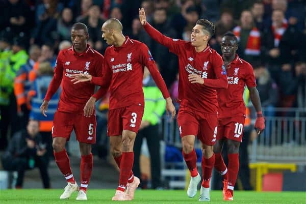 LIVERPOOL, ENGLAND - Wednesday, October 24, 2018: Liverpool's Roberto Firmino celebrates scoring the first goal with team-mates during the UEFA Champions League Group C match between Liverpool FC and FK Crvena zvezda (Red Star Belgrade) at Anfield. (Pic by David Rawcliffe/Propaganda)