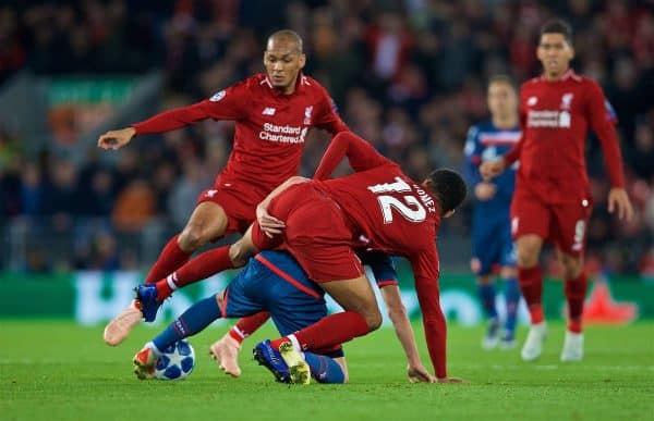 LIVERPOOL, ENGLAND - Wednesday, October 24, 2018: Liverpool's Joe Gomez during the UEFA Champions League Group C match between Liverpool FC and FK Crvena zvezda (Red Star Belgrade) at Anfield. (Pic by David Rawcliffe/Propaganda)