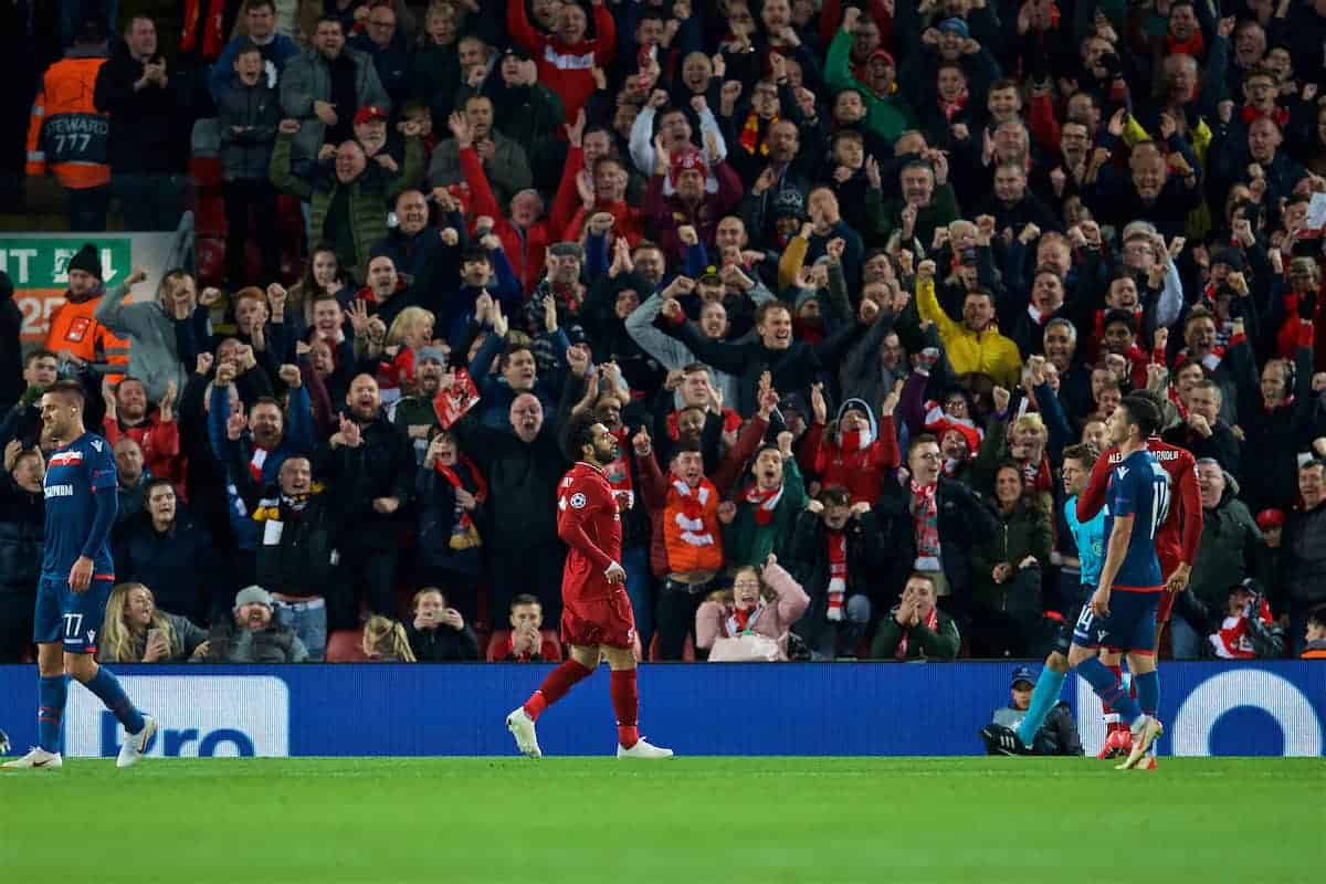 LIVERPOOL, ENGLAND - Wednesday, October 24, 2018: Liverpool's Mohamed Salah celebrates scoring the second goal during the UEFA Champions League Group C match between Liverpool FC and FK Crvena zvezda (Red Star Belgrade) at Anfield. (Pic by David Rawcliffe/Propaganda)