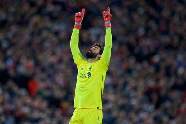 LIVERPOOL, ENGLAND - Wednesday, October 24, 2018: Liverpool's goalkeeper Alisson Becker celebrates the second goal during the UEFA Champions League Group C match between Liverpool FC and FK Crvena zvezda (Red Star Belgrade) at Anfield. (Pic by David Rawcliffe/Propaganda)