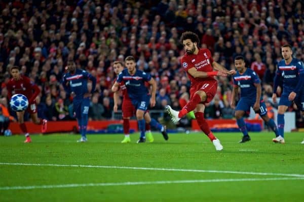 LIVERPOOL, ENGLAND - Wednesday, October 24, 2018: Liverpool's Mohamed Salah scores the third goal from a penalty kick during the UEFA Champions League Group C match between Liverpool FC and FK Crvena zvezda (Red Star Belgrade) at Anfield. (Pic by David Rawcliffe/Propaganda)