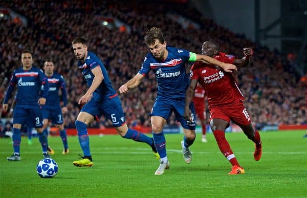 LIVERPOOL, ENGLAND - Wednesday, October 24, 2018: Liverpool's Sadio Mane is fault by FK Crvena zvezda Filip Stojkovi? for penalty during the UEFA Champions League Group C match between Liverpool FC and FK Crvena zvezda (Red Star Belgrade) at Anfield. (Pic by David Rawcliffe/Propaganda)