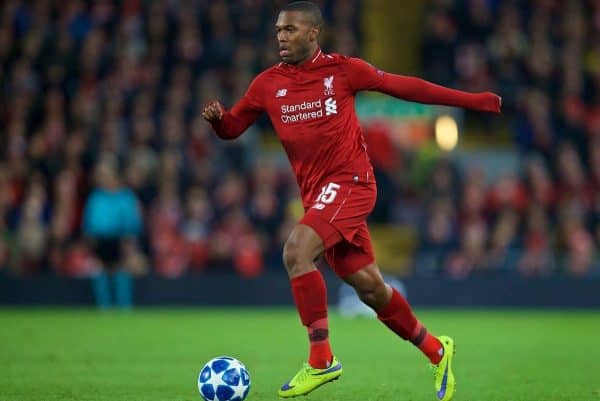 LIVERPOOL, ENGLAND - Wednesday, October 24, 2018: Liverpool's Daniel Sturridge during the UEFA Champions League Group C match between Liverpool FC and FK Crvena zvezda (Red Star Belgrade) at Anfield. (Pic by David Rawcliffe/Propaganda)