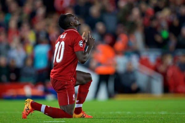 LIVERPOOL, ENGLAND - Wednesday, October 24, 2018: Liverpool's Sadio Mane kneels to pray as he celebrates scoring the fourth goal during the UEFA Champions League Group C match between Liverpool FC and FK Crvena zvezda (Red Star Belgrade) at Anfield. (Pic by David Rawcliffe/Propaganda)