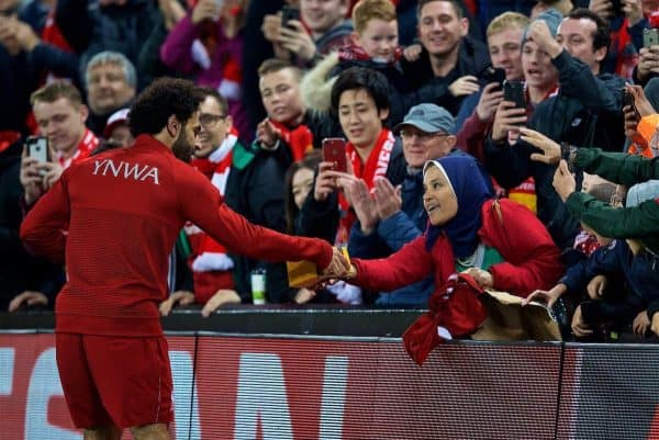 LIVERPOOL, ENGLAND - Wednesday, October 24, 2018: Liverpool's Mohamed Salah celebrates the victory with supporters after the UEFA Champions League Group C match between Liverpool FC and FK Crvena zvezda (Red Star Belgrade) at Anfield. Liverpool won 4-0. (Pic by David Rawcliffe/Propaganda)