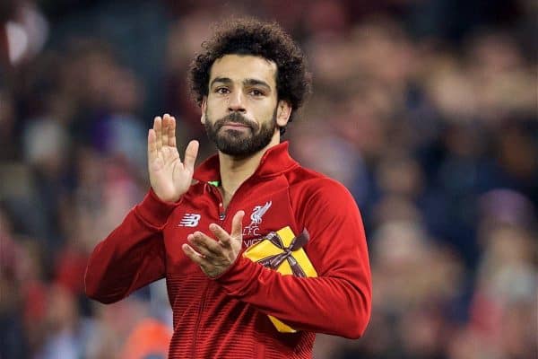 LIVERPOOL, ENGLAND - Wednesday, October 24, 2018: Liverpool's Mohamed Salah thanks supporters after the UEFA Champions League Group C match between Liverpool FC and FK Crvena zvezda (Red Star Belgrade) at Anfield. Liverpool won 4-0. (Pic by David Rawcliffe/Propaganda)