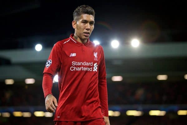 LIVERPOOL, ENGLAND - Wednesday, October 24, 2018: Liverpool's Roberto Firmino during the UEFA Champions League Group C match between Liverpool FC and FK Crvena zvezda (Red Star Belgrade) at Anfield. (Pic by David Rawcliffe/Propaganda)