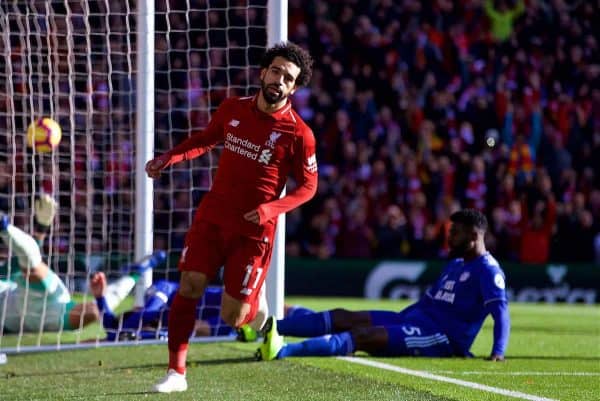 LIVERPOOL, ENGLAND - Saturday, October 27, 2018: Liverpool's Mohamed Salah celebrates scoring the first goal during the FA Premier League match between Liverpool FC and Cardiff City FC at Anfield. (Pic by David Rawcliffe/Propaganda)