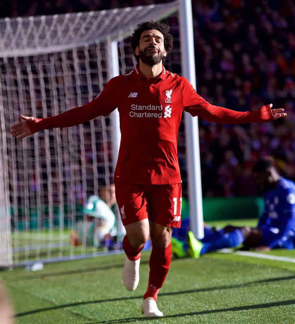 LIVERPOOL, ENGLAND - Saturday, October 27, 2018: Liverpool's Mohamed Salah celebrates scoring the first goal during the FA Premier League match between Liverpool FC and Cardiff City FC at Anfield. (Pic by David Rawcliffe/Propaganda)