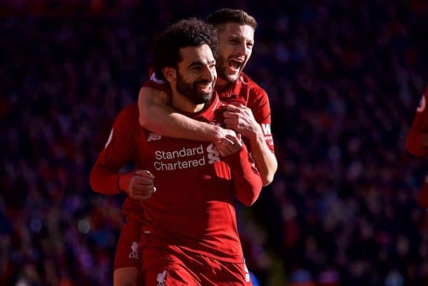 LIVERPOOL, ENGLAND - Saturday, October 27, 2018: Liverpool's Mohamed Salah celebrates scoring the first goal with team-mate Adam Lallana during the FA Premier League match between Liverpool FC and Cardiff City FC at Anfield. (Pic by David Rawcliffe/Propaganda)