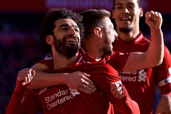 LIVERPOOL, ENGLAND - Saturday, October 27, 2018: Liverpool's Mohamed Salah celebrates scoring the first goal with team-mate Adam Lallana during the FA Premier League match between Liverpool FC and Cardiff City FC at Anfield. (Pic by David Rawcliffe/Propaganda)