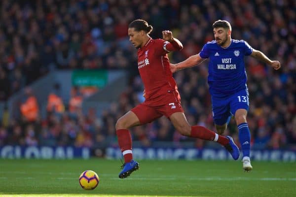 LIVERPOOL, ENGLAND - Saturday, October 27, 2018: Liverpool's captain Virgil van Dijk (L) gets away from Cardiff City's Callum Paterson during the FA Premier League match between Liverpool FC and Cardiff City FC at Anfield. (Pic by David Rawcliffe/Propaganda)