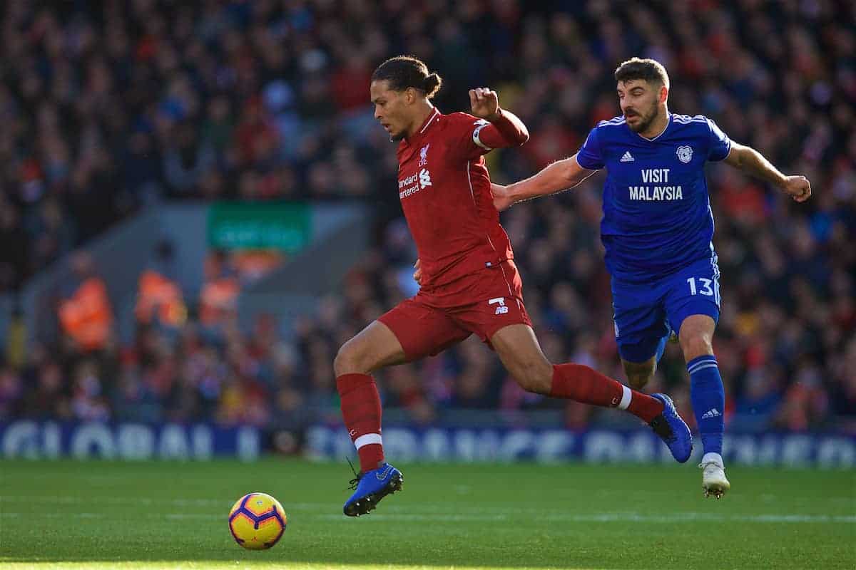 LIVERPOOL, ENGLAND - Saturday, October 27, 2018: Liverpool's captain Virgil van Dijk (L) gets away from Cardiff City's Callum Paterson during the FA Premier League match between Liverpool FC and Cardiff City FC at Anfield. (Pic by David Rawcliffe/Propaganda)