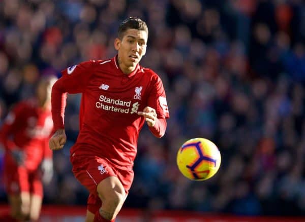 LIVERPOOL, ENGLAND - Saturday, October 27, 2018: Liverpool's Roberto Firmino during the FA Premier League match between Liverpool FC and Cardiff City FC at Anfield. (Pic by David Rawcliffe/Propaganda)