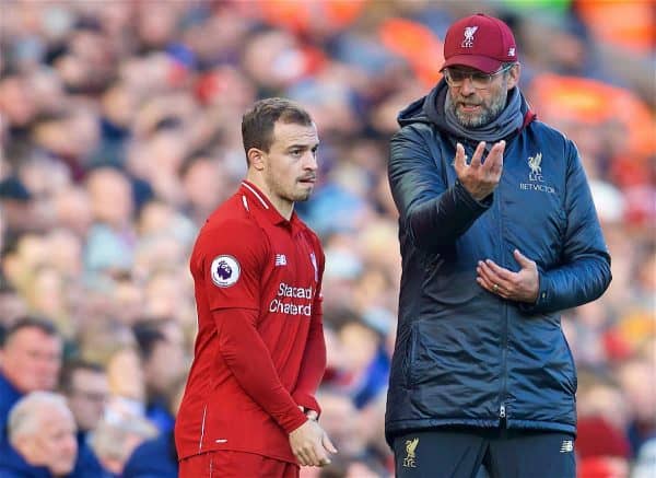 LIVERPOOL, ENGLAND - Saturday, October 27, 2018: Liverpool's Xherdan Shaqiri celebrates scoring the third goal with team-mate Mohamed Salah during the FA Premier League match between Liverpool FC and Cardiff City FC at Anfield. (Pic by David Rawcliffe/Propaganda)