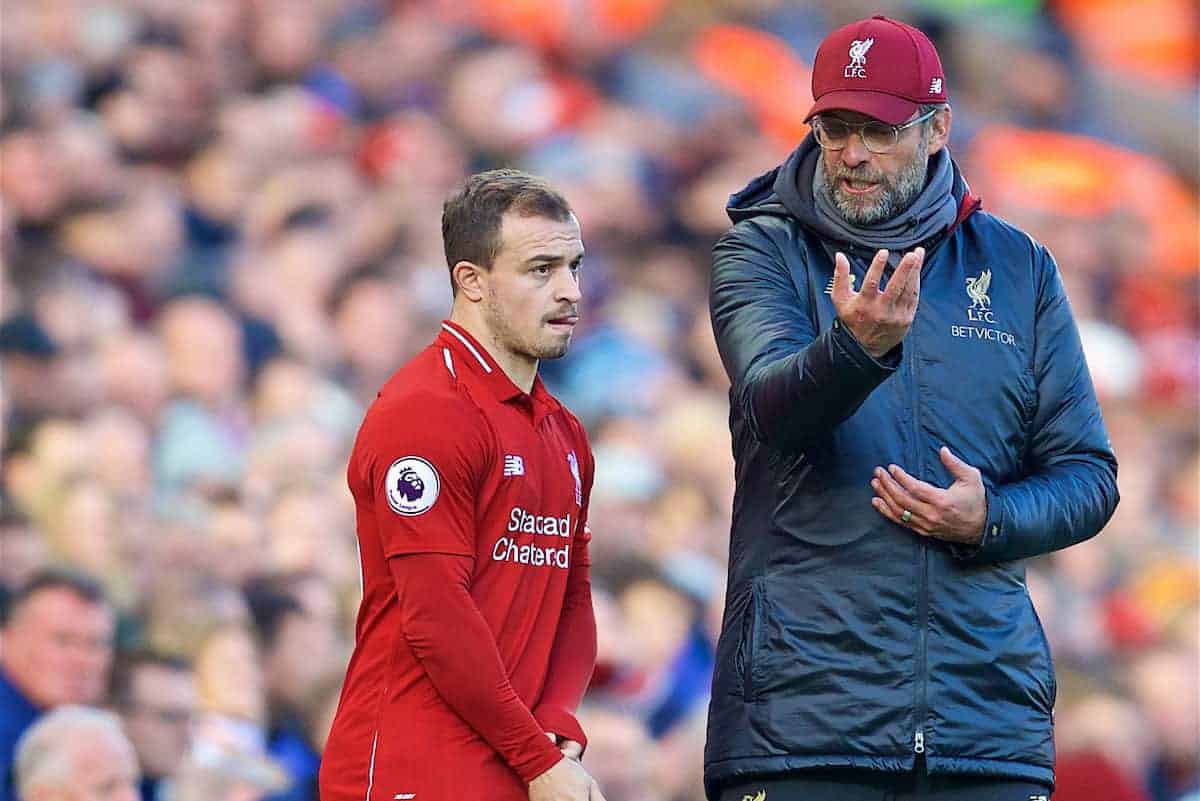 LIVERPOOL, ENGLAND - Saturday, October 27, 2018: Liverpool's manager Jürgen Klopp prepares to bring on substitute Xherdan Shaqiri during the FA Premier League match between Liverpool FC and Cardiff City FC at Anfield. (Pic by David Rawcliffe/Propaganda)