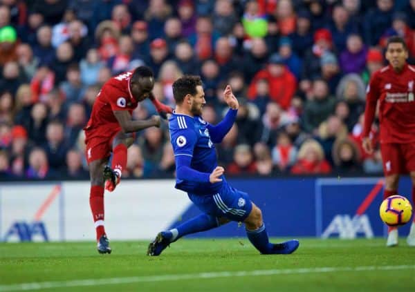 LIVERPOOL, ENGLAND - Saturday, October 27, 2018: Liverpool's Sadio Mane scores the second goal during the FA Premier League match between Liverpool FC and Cardiff City FC at Anfield. (Pic by David Rawcliffe/Propaganda)