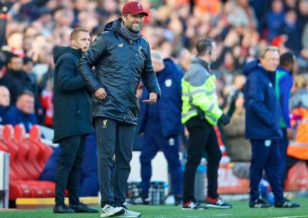 LIVERPOOL, ENGLAND - Saturday, October 27, 2018: Liverpool's manager Jürgen Klopp celebrates the second goal during the FA Premier League match between Liverpool FC and Cardiff City FC at Anfield. (Pic by David Rawcliffe/Propaganda)