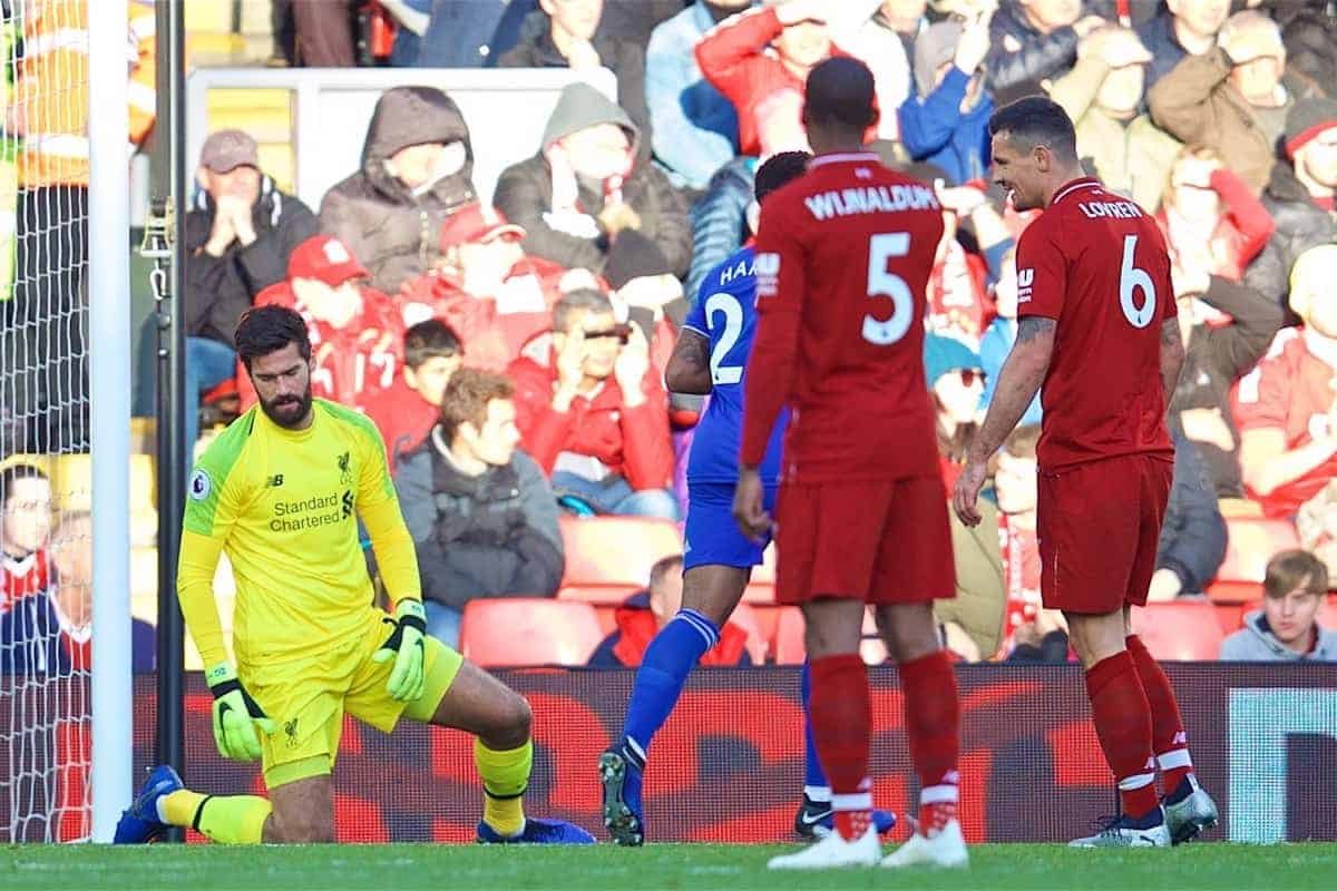 LIVERPOOL, ENGLAND - Saturday, October 27, 2018: Liverpool's goalkeeper Alisson Becker looks dejected as he lets the ball slip through his legs as Cardiff City's Callum Paterson scores the first goal during the FA Premier League match between Liverpool FC and Cardiff City FC at Anfield. (Pic by David Rawcliffe/Propaganda)