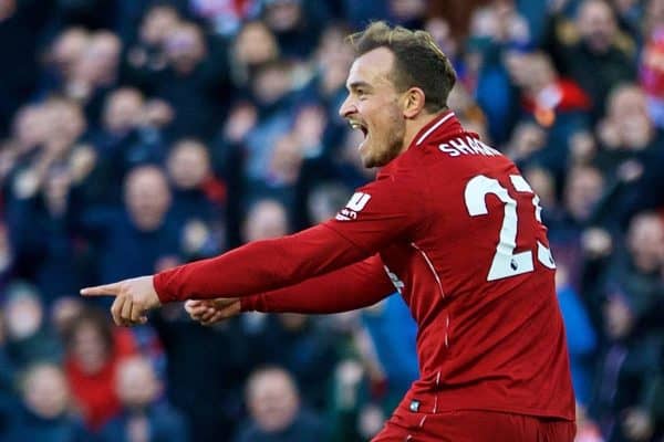 LIVERPOOL, ENGLAND - Saturday, October 27, 2018: Liverpool's Xherdan Shaqiri celebrates scoring the third goal during the FA Premier League match between Liverpool FC and Cardiff City FC at Anfield. (Pic by David Rawcliffe/Propaganda)