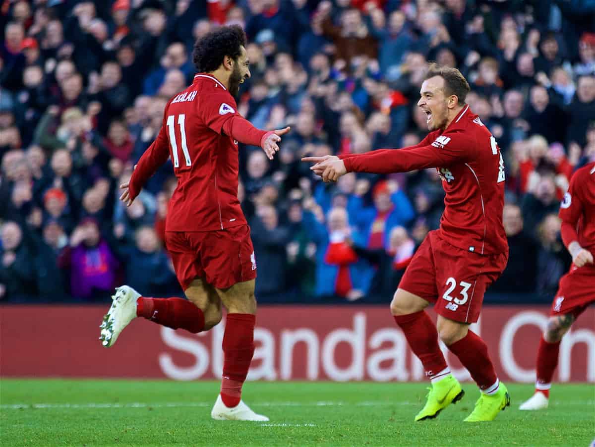 LIVERPOOL, ENGLAND - Saturday, October 27, 2018: Liverpool's Xherdan Shaqiri celebrates scoring the third goal with team-mate Mohamed Salah during the FA Premier League match between Liverpool FC and Cardiff City FC at Anfield. (Pic by David Rawcliffe/Propaganda)