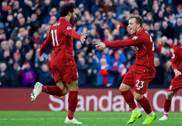 LIVERPOOL, ENGLAND - Saturday, October 27, 2018: Liverpool's Xherdan Shaqiri celebrates scoring the third goal with team-mate Mohamed Salah during the FA Premier League match between Liverpool FC and Cardiff City FC at Anfield. (Pic by David Rawcliffe/Propaganda)