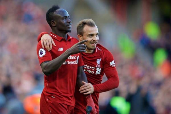 LIVERPOOL, ENGLAND - Saturday, October 27, 2018: Liverpool's Sadio Mane celebrates scoring the fourth goal with team-mate Xherdan Shaqiri during the FA Premier League match between Liverpool FC and Cardiff City FC at Anfield. (Pic by David Rawcliffe/Propaganda)