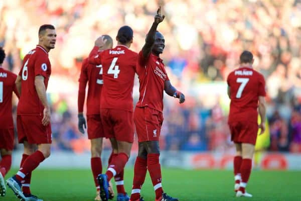 LIVERPOOL, ENGLAND - Saturday, October 27, 2018: Liverpool's Sadio Mane celebrates scoring the fourth goal during the FA Premier League match between Liverpool FC and Cardiff City FC at Anfield. (Pic by David Rawcliffe/Propaganda)