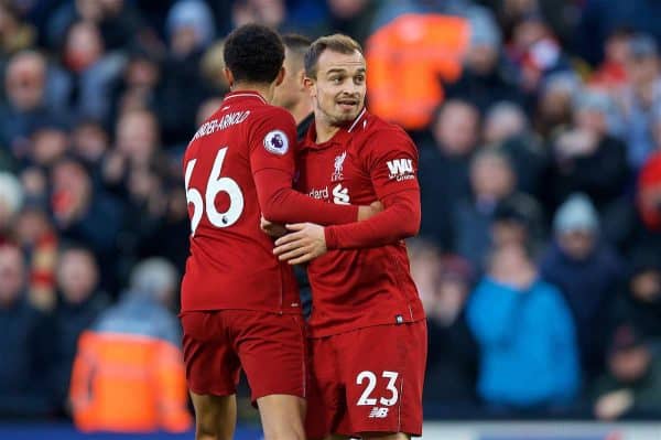 LIVERPOOL, ENGLAND - Saturday, October 27, 2018: Liverpool's Xherdan Shaqiri celebrates scoring the third goal with team-mate Trent Alexander-Arnold during the FA Premier League match between Liverpool FC and Cardiff City FC at Anfield. (Pic by David Rawcliffe/Propaganda)