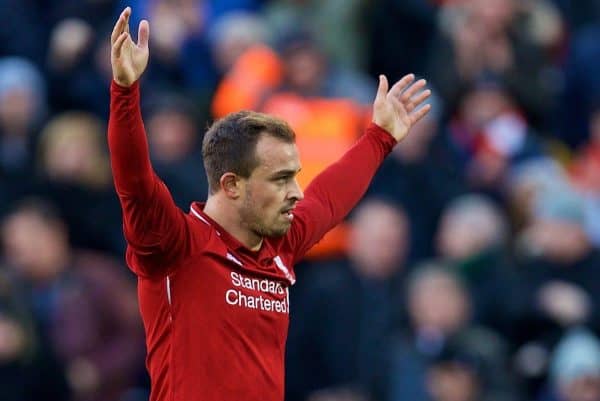 LIVERPOOL, ENGLAND - Saturday, October 27, 2018: Liverpool's Xherdan Shaqiri celebrates scoring the third goal during the FA Premier League match between Liverpool FC and Cardiff City FC at Anfield. (Pic by David Rawcliffe/Propaganda)