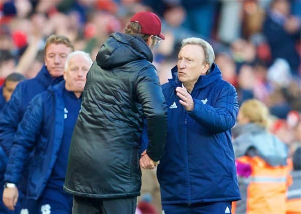 LIVERPOOL, ENGLAND - Saturday, October 27, 2018: Liverpool's manager Jürgen Klopp and Cardiff City's manager Neil Warnock shake hands after the FA Premier League match between Liverpool FC and Cardiff City FC at Anfield. Liverpool won 4-0. (Pic by David Rawcliffe/Propaganda)