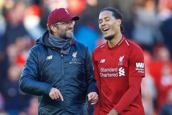 LIVERPOOL, ENGLAND - Saturday, October 27, 2018: Liverpool's manager J¸rgen Klopp and captain Virgil van Dijk after the FA Premier League match between Liverpool FC and Cardiff City FC at Anfield. Liverpool 4-0. (Pic by David Rawcliffe/Propaganda)